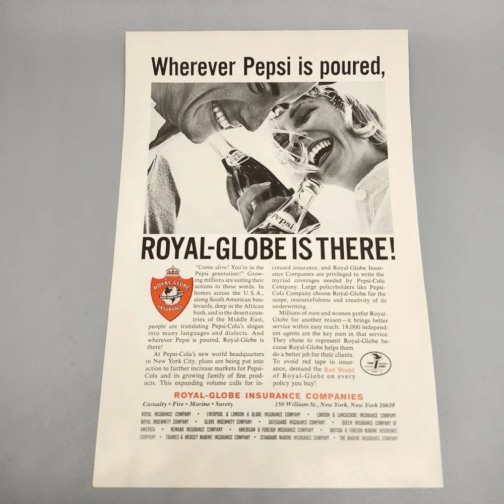 Royal-Globe Insurance Magazine Ad 1960s Pepsi Soft Drink Mid-Century